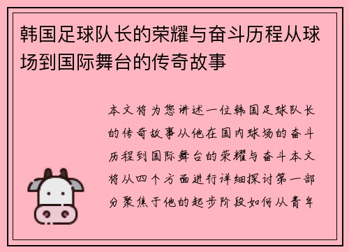 韩国足球队长的荣耀与奋斗历程从球场到国际舞台的传奇故事